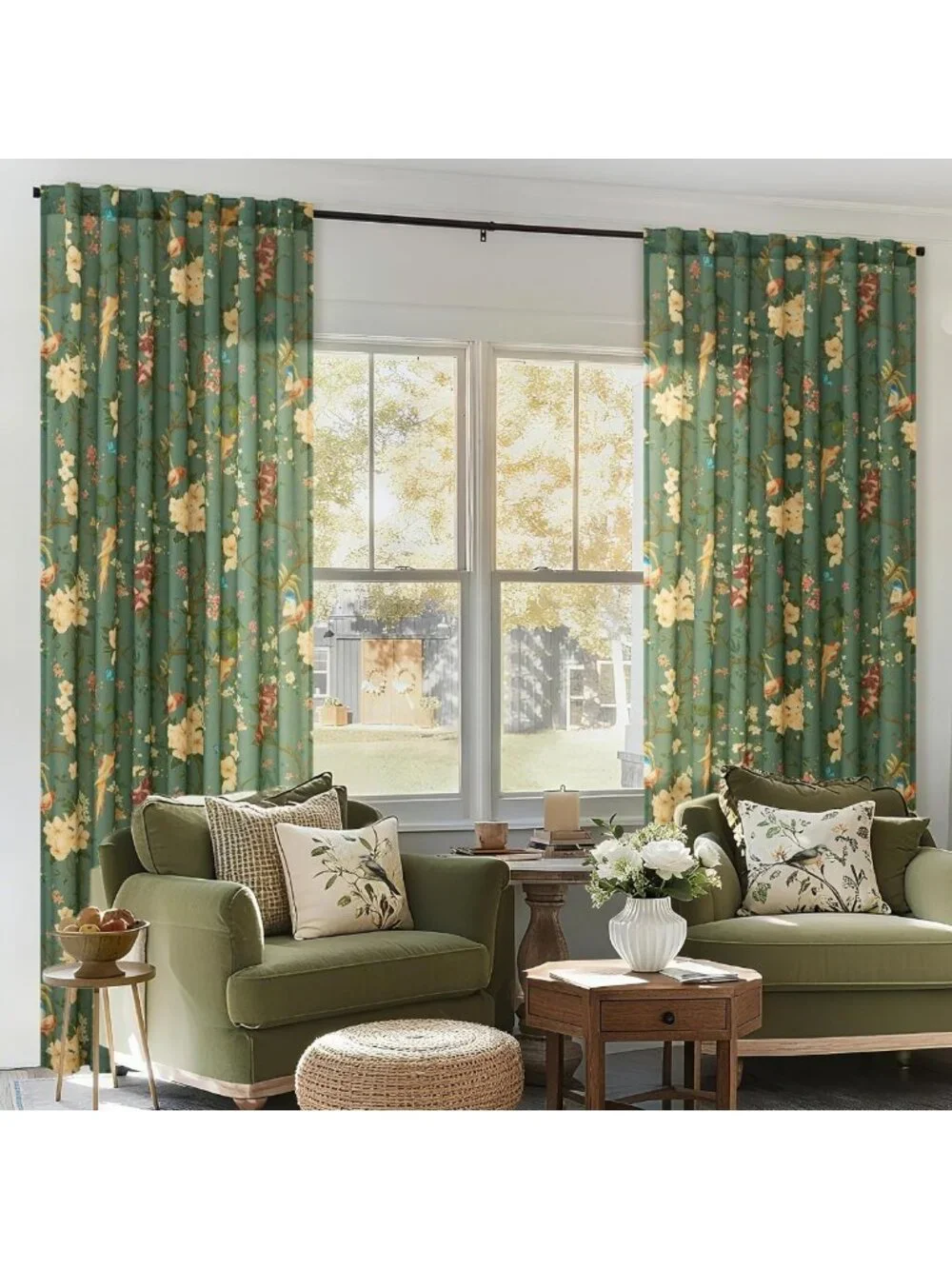 Dark Green Floral Linen Curtains 96